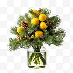 一束冷杉树枝圣诞装饰品黄色玻璃