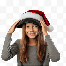 开朗积极的女孩拿着圣诞帽的边缘