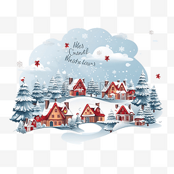 雪中村落村落图片_冬季景观中的圣诞快乐卡，上面有