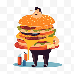 美食说明图片_饥饿剪贴画人与巨型汉堡孤立卡通