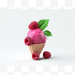 粉色冰淇淋图片_3d 华夫饼锥中装满覆盆子的粉色冰