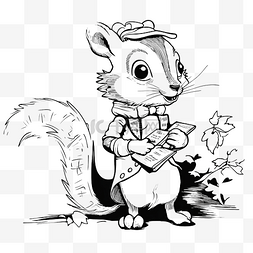 松鼠尾巴卡通图片_黑白画家松鼠角色坐在树枝上矢量