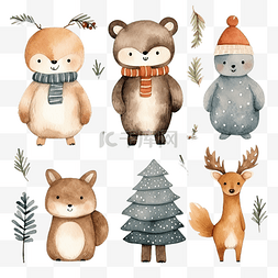 林地动物和圣诞装饰的水彩插图集