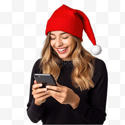 電話老人图片_戴着圣诞老人红帽子的快乐女孩在