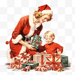 妈妈童图片_妈妈和儿子在圣诞树下整理圣诞老