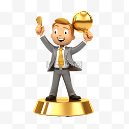 商人在岩石顶上拿着金色奖杯 3D 