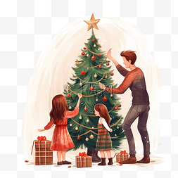 宝宝图片_幸福的家庭一起装饰室内的圣诞树