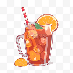 喝剪贴画冰橙汁在玻璃矢量插图卡