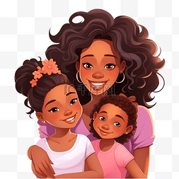 卡通人物与美国非洲母女拥抱母亲