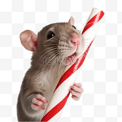 圣诞拐杖图片_可爱的老鼠嗅着圣诞拐杖糖