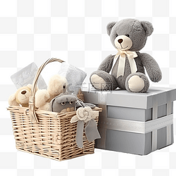 二手买卖图片_桌上有礼品盒和玩具的篮子，为圣