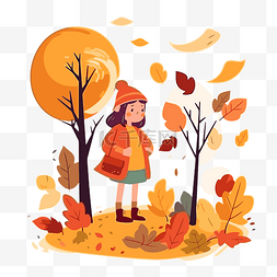 秋天的剪贴画插图秋天与女孩行走
