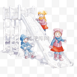 冰雪滑梯图片_小孩子们在冬季公园冰雪覆盖的操