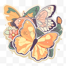 蝴蝶晶瓷画图片_白色背景剪贴画上的可爱蝴蝶和花