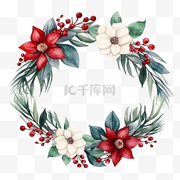 水彩圣诞花框或由鲜花组成的冬季