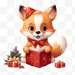 可爱卡通圣诞狐狸看书礼盒插画