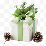 礼品盒，配有绿色丝带弓和树枝圣诞树，白色木质复古表面上有锥体