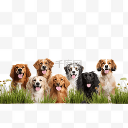 许多快乐的狗在草地上与复制空间