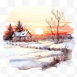 冬季日出景观与农舍的水彩插图