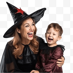 喇叭气球图片_家庭乐趣的母亲和儿子穿着女巫和