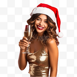 香槟红色图片_穿着金色连衣裙和圣诞帽的女孩在