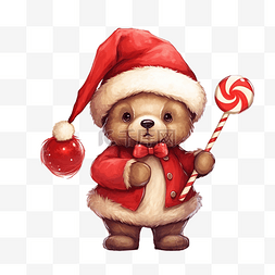 可爱的卡通圣诞熊戴着红帽子和棒