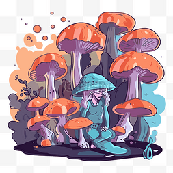 卡通自然景观图片_幻觉剪贴画女孩坐在蘑菇卡通床上