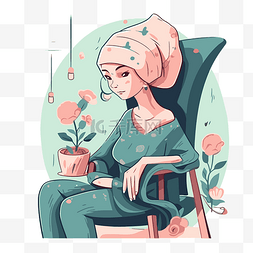 化疗剪贴画卡通女孩坐在花旁的椅