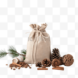 亚麻布袋中含有肉桂的圣诞组合物