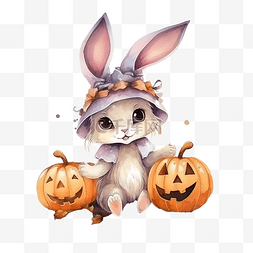 可爱小动物水彩图片_万圣节可爱的小兔子，配有水彩插