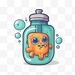 矢量卡通橙色章鱼角色在一个罐子