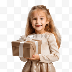 抱着礼物的儿童图片_小女孩在房间里的圣诞树附近拿着