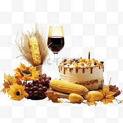 酒的传统元素图片_感恩节快乐，酒蛋糕蜂蜜玉米和蜡