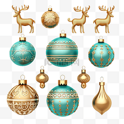 金色圣诞球和铃铛装饰品的集合，