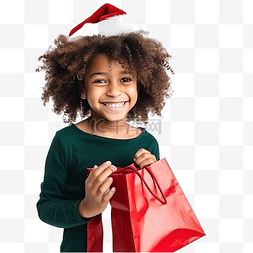 购物的小姑娘图片_一个戴着圣诞帽和手提袋的快乐黑