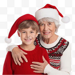 祖母和微笑的孙子穿着圣诞毛衣和