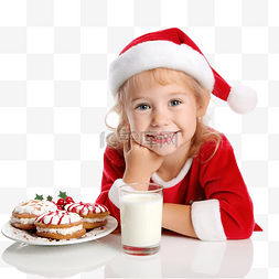吃蛋糕牛奶图片_圣诞节时，可爱的小女孩正在玩圣