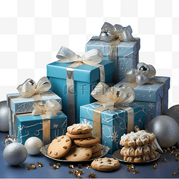 蓝色木盒图片_蓝色桌子上的圣诞组合物，配有礼