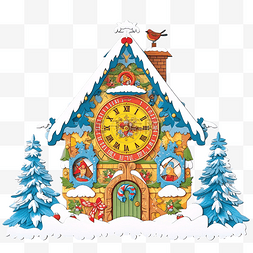 森林里的木屋图片_圣诞玩具布谷鸟钟，在白雪皑皑的