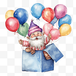 生日气球3d图片_打开一盒气球的侏儒的水彩插图