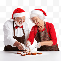 戴着圣诞红帽的老夫妇一起做饼干