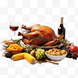 感恩节快乐元素图片_感恩节快乐，桌上有火鸡食品和玉