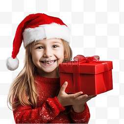 抱着礼物的儿童图片_有趣的小女孩拿着圣诞礼物盒，穿