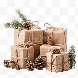 礼物和冷杉树枝与锥体的圣诞概念