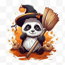 熊猫矢量卡通图片_拿着扫帚的熊猫的万圣节插图