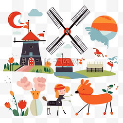 荷兰剪贴画 荷兰动物和风车的卡