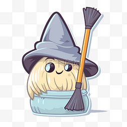 可爱的卡通女巫在碗里用扫帚隔离