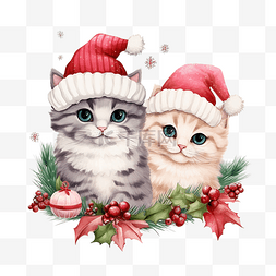 圣诞快乐可爱的猫画冬季红色浆果