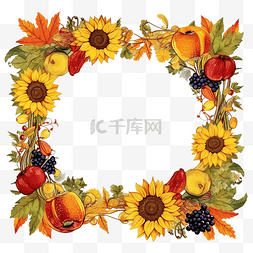 黄色的扇形银杏叶图片_感恩节矢量方框与秋叶向日葵浆果