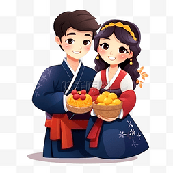 穿着传统服饰的可爱韩国夫妇拿着